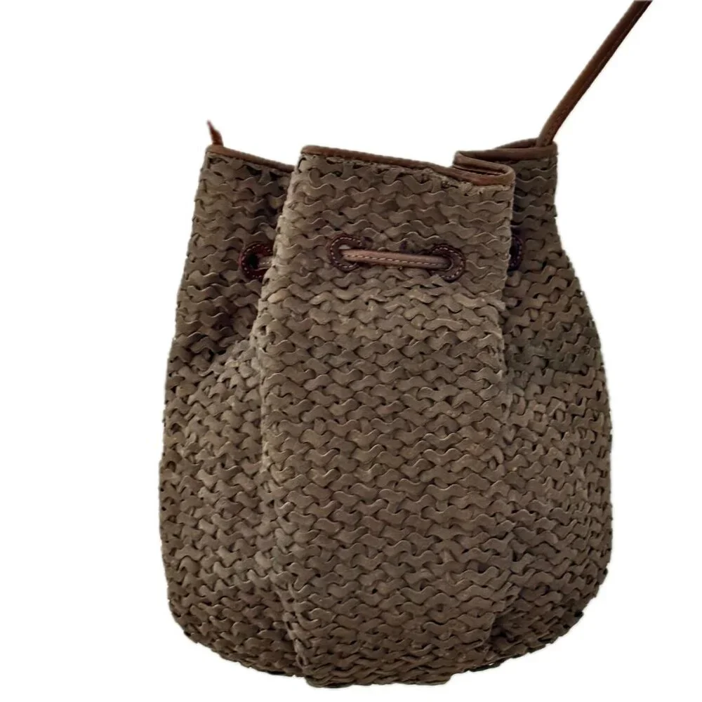CEM Woven Leather Small Hobo Bag Drawstring Bucket Drawstring Closure Thin Strap